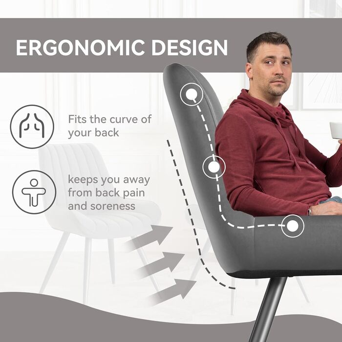 Набір обідніх стільців (6 шт) - сучасний дизайн, м'яке сидіння 10 см, штучний матеріал, металеві ніжки, темно-сірий колір, FU01043BL-2