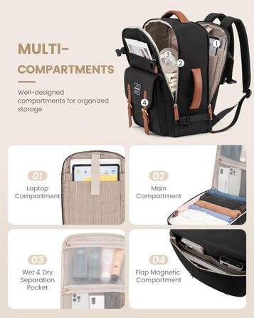 Рюкзак LOVEVOOK для ручної поклажі в літак, жіночий, водонепроникний, універсальний, для ноутбука 17 дюймів, шкільний, для студентів, подорожей, чорний/коричневий, 45x32x15 см