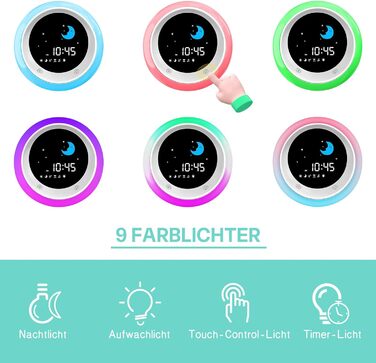 Дитячий ліхтарик-годинник Kinderwecker: тренажер сну, звукова машина, таймер, 9 кольорів - для хлопчиків та дівчаток (синій)