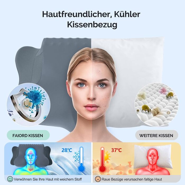 Подушка для шиї з піною з пам'яті, ергономічна подушка для сну, подушка для підтримки шиї для тих, хто спить на боці, спині та животі, сіро-білий колір (темно-сірий, 64 x 39 x 13 см)