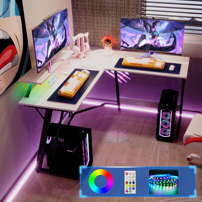 Ігровий кутовий стіл Devoko 130x130 см з LED RGB-підсвіткою, підставкою для монітора та гачком для навушників, карбоновий білий