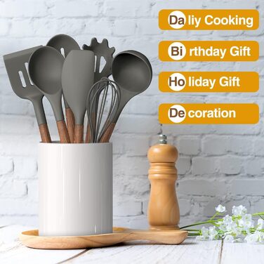 Набір кухонних аксесуарів Kochutensilien, 8 предметів з дерев'яною ручкою, силіконовий, антипригарний, термостійкий (сірий)