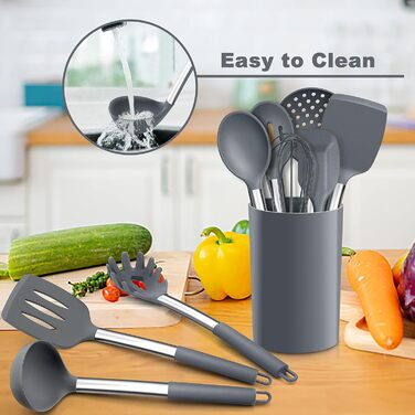 Набір кухонного приладдя Herogo, 12 шт. Силіконові кухонні інструменти з нержавіючою сталею, стійкі до високих температур, лопатки, ложки, шпателі з підставкою, легко миються (Сірий)