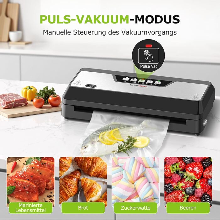 Вакууматор для продуктів Bonsenkitchen з вбудованим різаком, компактний вакууматор для Sous Vide та заготовок, кілька режимів роботи, чорний (в комплекті 1 рулон та 5 пакетів)