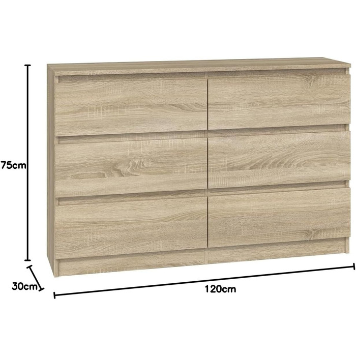 Комод Malwa M6 120, дуб Sonoma, 6 ящиків, ідеально підходить для вітальні, спальні, дитячої кімнати та офісу