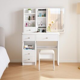 Дзеркальний туалетний столик DATO з LED-підсвічуванням, 3 колірні температури та регулюванням яскравості, з пуфом, 5 шухляд та 3 полиці, з розсувним дзеркалом (T68)