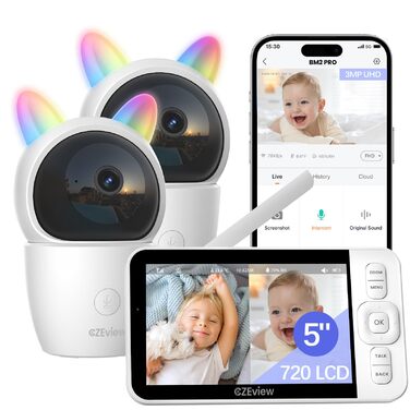 Відеоняня з камерою 2K HD Wi-Fi, 360° поворот, 4x Zoom, нічний режим, датчик плачу/руху/звуку, термометр (2 камери, чорно-білий)