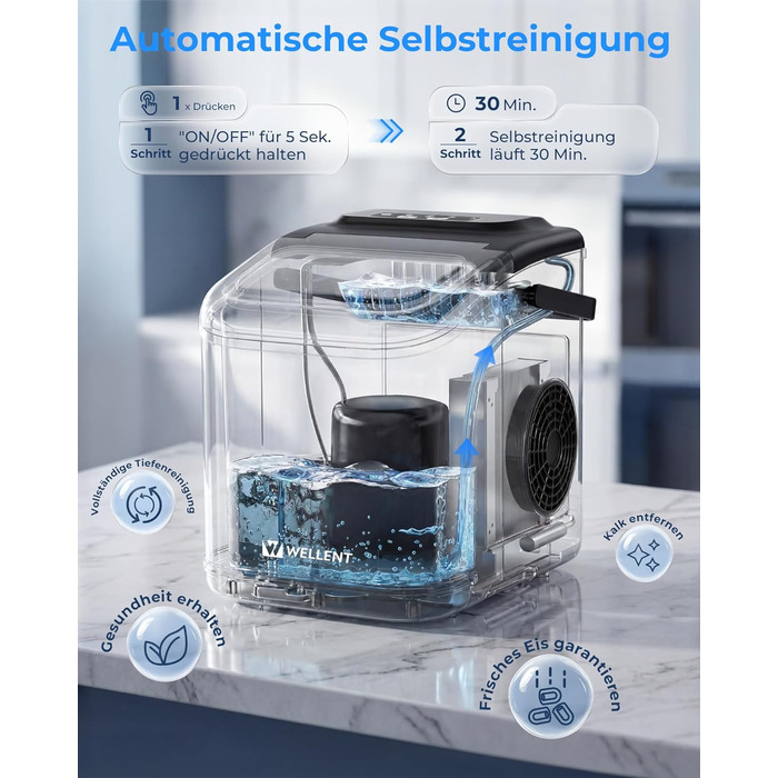 Льодогенератор Klarstein Ice Maker – Швидке виробництво льоду (12 кг/24 год), 2 розміри кубиків, самоочищення, для дому, кухні, офісу, бару – Чорний