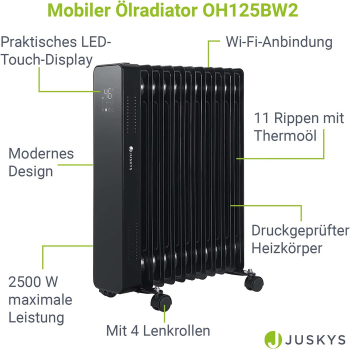 Масляний радіатор електричного обігрівача Juskys 2500 Вт Енергозбереження - керування Wi-Fi, пульт дистанційного керування, сенсорний дисплей, 24-годинний таймер і 2 налаштування тепла - мобільний та електричний - чорний
