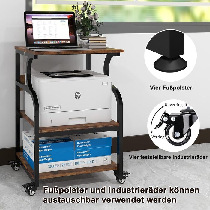 Регульований стіл для принтера PUNCIA з 3 ящиками та колесами. Мобільний візок для принтера з дерева та металу (60 x 50 см, Retro)