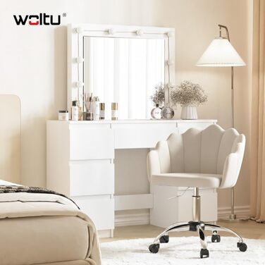 Крісло WOLTU для офісу та дому, крісло до туалетного столика з м'якою спинкою у вигляді пелюсток, поворотне з роликами, регульоване по висоті, для робочого кабінету, спальні, оксамит, бежевий