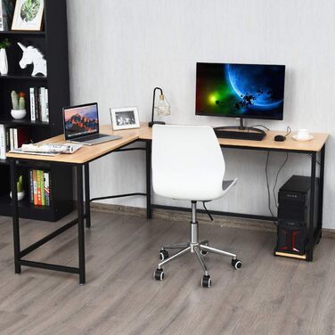 Письмовий стіл L-подібної форми, Кутовий стіл, Ігровий комп'ютерний стіл, Стіл для ПК, Комп'ютерний стіл з підставкою для процесора, Офісний стіл, Кутовий стіл, Кутовий стіл для домашнього офісу, (Дуб, 168 x 125 x 74 см)