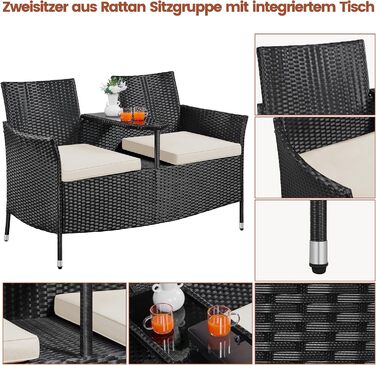 Садовий комплект Yaheetech: двомісна банкетка з столом з поліротангу, чорно-бежевий, 131x65,5x85 см, вантажопідйомність 350 кг