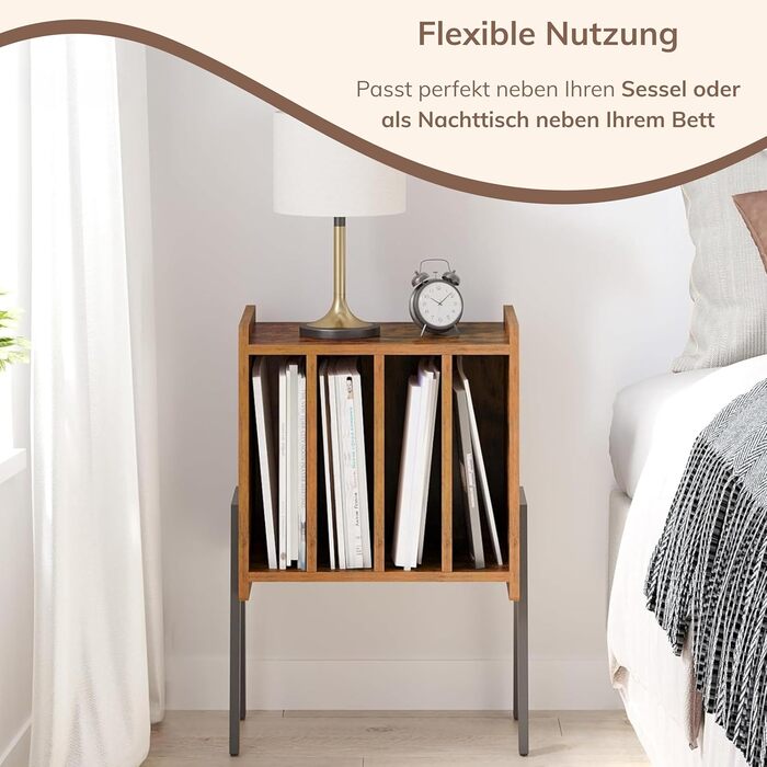 ACAZA: Стіл для програвача вінілових платівок з 4 відсіками – 66 x 40 x 30 см – Дерево та метал (Вінтаж, Колір: Коричневий)