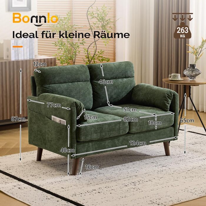 Диван Bonnlo 2-місний, компактний, 125 см, тканинний диван з м'якими підлокітниками, для офісу, вітальні, спальні, кабінету, легка збірка, льон, зелений