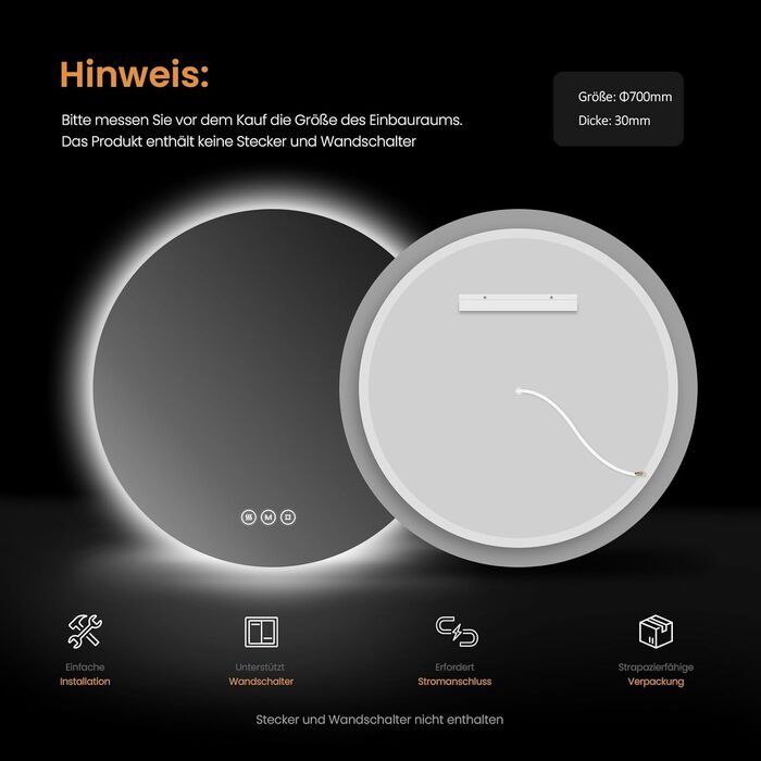 Дзеркало для ванної кімнати EMKE з підсвічуванням, діаметр 80 см, 3 кольори світла, регулювання яскравості, антизапар, сенсорне управління, функція пам'яті, енергозбереження, без рамки (70x70 см)