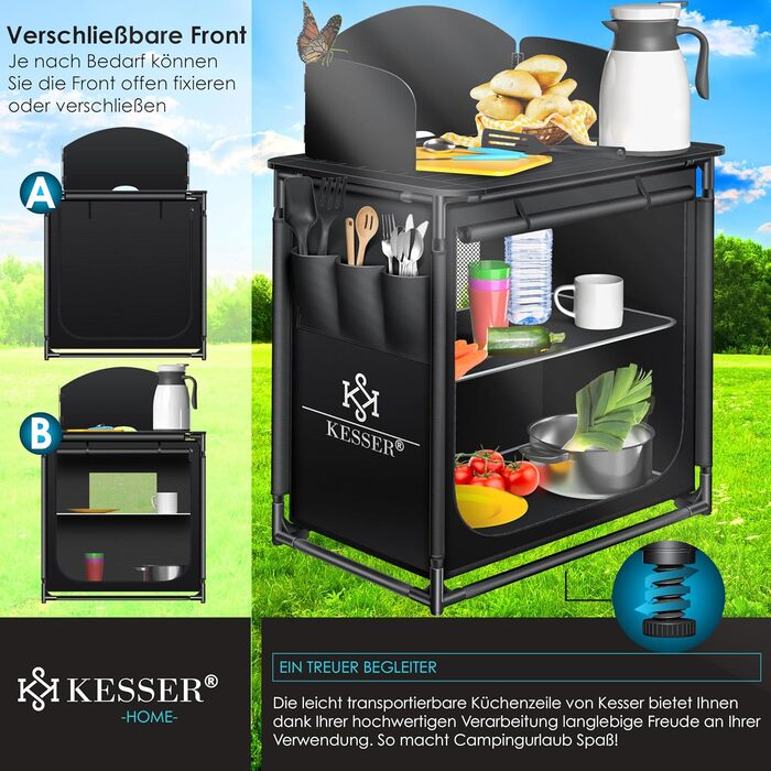 Кемпінгова кухня KESSER® | З сумкою та набором посуду | Складаний шафка для кемпінгу | Алюмінієвий каркас | Похідна кухня | Кухонна коробка | Шафка для намету | Чорний/Чорний (Тип F2, Чорний / Чорний)