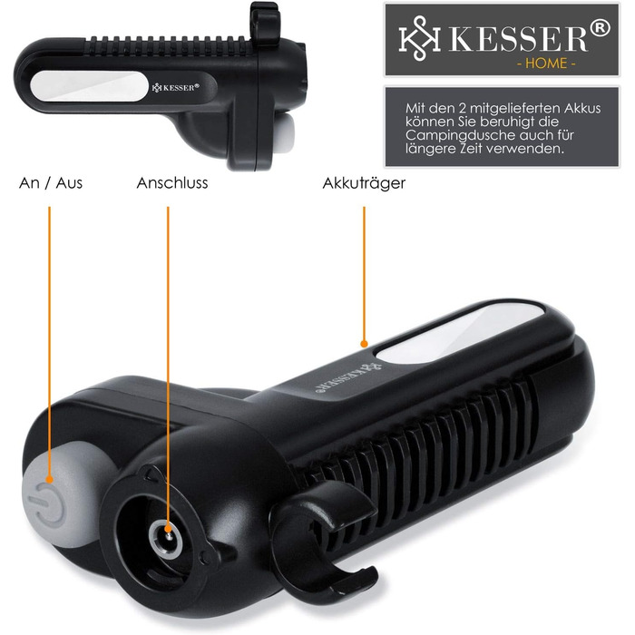 Кемпінговий душ KESSER з акумулятором, ручний душ, 2 літієві батареї 2200mAh, USB-кабель для зарядки, для кемпінгу сад - автомобіль - на відкритому повітрі, душ для собак, миття автомобіля, вкл. сумку для перенесення