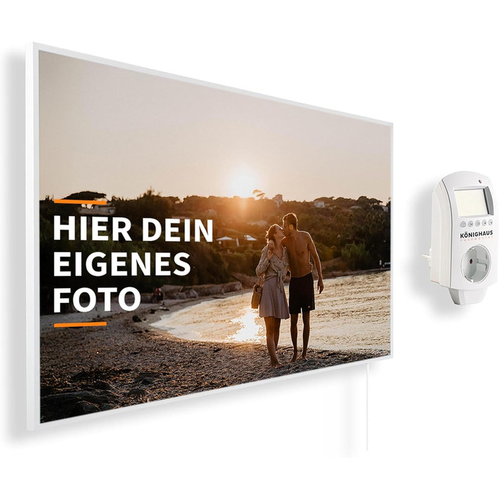 Інфрачервовий обігрівач Könighaus з ТÜV SÜD та 5 роками гарантії (Виготовлено в Німеччині). Можливість завантаження власного зображення. 300W, білий каркас, з термостатом