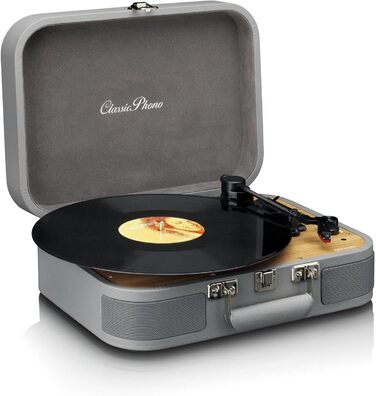 Програвач вінілу Lenco Classic Phono TT-116 Bluetooth, 3 швидкості, вінтажний стиль, RCA вихід, стерео динаміки, сірий
