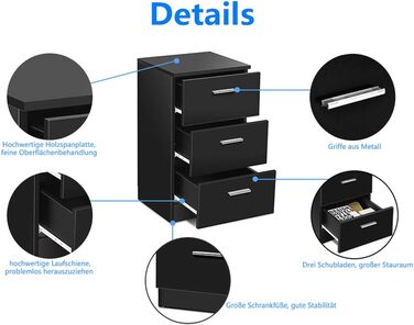 Тумбочка з 3 ящиками, компактна, вантажопідйомність до 60 кг, дерево, 38x35x66 см, чорна, 4LIFE