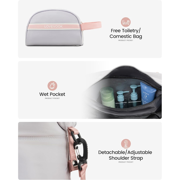 Спортивна сумка LOVEVOOK для жінок: дорожня, для плавання, фітнесу, клініки. 30L, водонепроникна, сіра + рожевий ремінець
