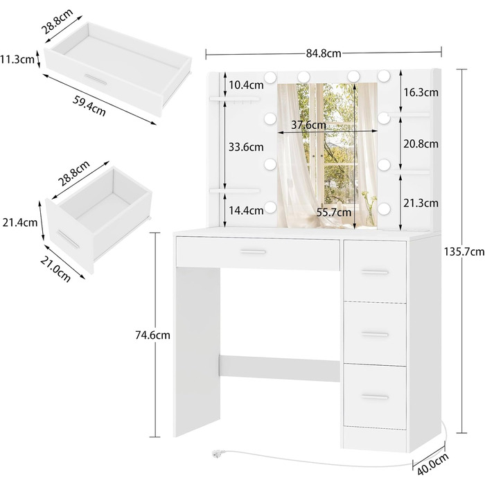 Трюмо TEENFON з дзеркалом та підсвічуванням, біле. 4 шухляди, 4 відкриті полиці, 5 гачків для прикрас.
