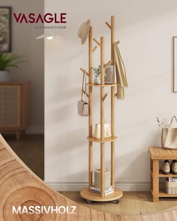 Вішалка для одягу VASAGLE з 11 гачками та 3 полицями, на коліщатках, з масиву дерева, для передпокою, спальні, вітальні, RCR023B01 (натуральний колір)