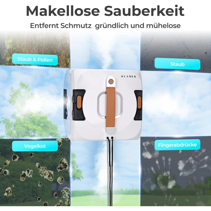 Робот-прибиральник вікон KLAMER 3500 Pa – автоматичний мийник вікон з резервуаром 100 мл, функцією вологого прибирання, розпізнаванням країв, тихий (60 дБ), захист від падіння та смарт-планування. Білий