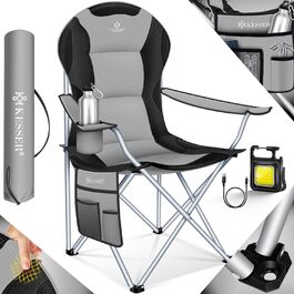 Кемпінгове крісло KESSER Складне до 150 кг Крісло для риболовлі Розкладне крісло з оббивкою підлокітників, кемпінговим ліхтарем і підстаканником сумка з високою спинкою, пляжне крісло, складаний табурет, сірий сірий / чорний
