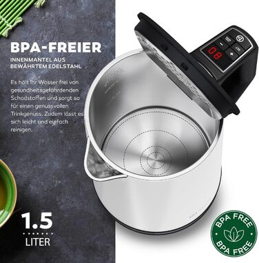 Електричний чайник BALTER з регулюванням температури, 40°C-100°C, подвійні стінки, без BPA, тихий та бездротовий, 1.5L, 2200W, білий