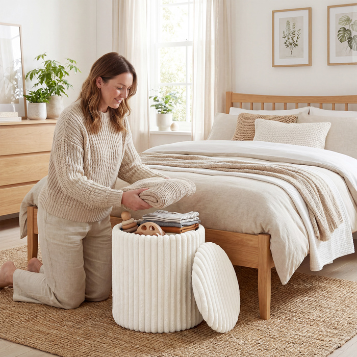 Пуф-комод з двосторонньою кришкою, сучасний велюровий пуф у стилі корду для вітальні та спальні, білий