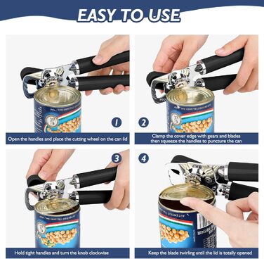 Відкривачка для консервів ручна, чорна, з відкривачем для пляшок, міцна, з гладкими краями та зручною ручкою