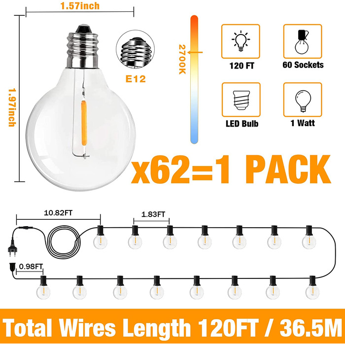 Метрові світлодіодні гірлянди для зовнішнього освітлення, гірлянди G40 для підвісних світильників теплого білого кольору, гірлянди для саду з вуличними водонепроникними світлодіодними лампами 30 1 для вечірки на Різдво (G40-36,5 м), 18-