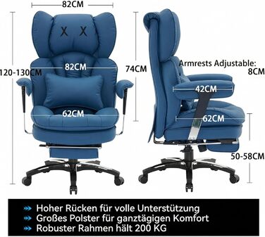 Офісний стілець Efomao X-Stickerei для дому та офісу, шкіряний (PU), з регульованою спинкою, підставкою для ніг та підтримкою попереку, витримує до 200 кг, чорний