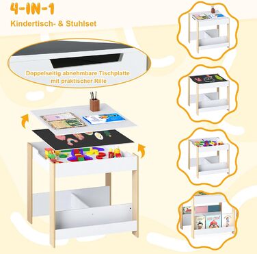 Детский стол со стульями COSTWAY 3 в 1, деревянная мебель для детей от 3 лет с откидной столешницей, полкой и ящиками