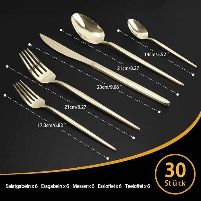 Набір столових приборів на 6 осіб, Targzier, 30 предметів, нержавіюча сталь, кольоровий, для кухні/готелю/ресторану, преміум-якість, придатний для миття в посудомийній машині (30 предметів, Champagne)