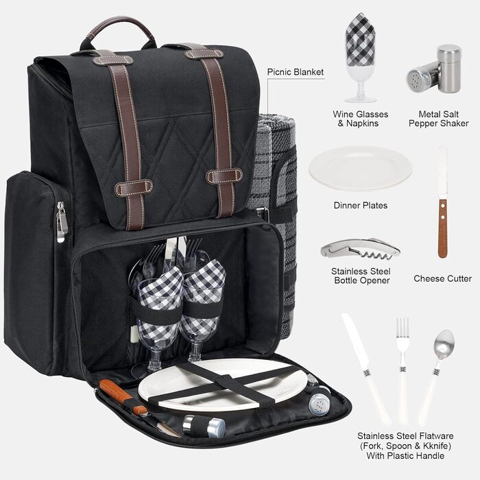 Набір для пікніка на 2 особи з ізольованою сумкою-холодильником, водонепроникним покривалом та набором столових приборів. Чорний колір. Ідеально для пляжу, вечірки, подарунок на весілля.