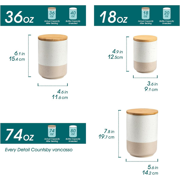 Керамічні банки для зберігання vancasso з герметичними кришками, 2200 мл/1120 мл/550 мл, для кухні, бежеві