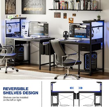 Ігровий стіл Grandder 120 см з розеткою та LED-підсвічуванням, комп'ютерний стіл з регульованими полицями та шухлядою, білий (100 x 50 см, карбоновий дизайн)