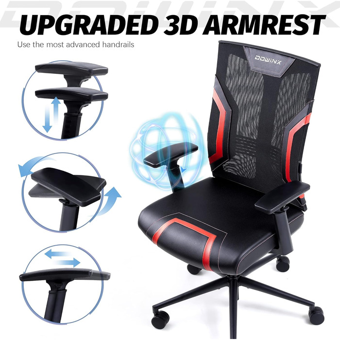 Ігровий крісло Dowinx для офісу та дому з підлокітниками 3D, регульоване, з функцією гойдання, шкіряне, поворотне, чорний/сірий (чорний/червоний)