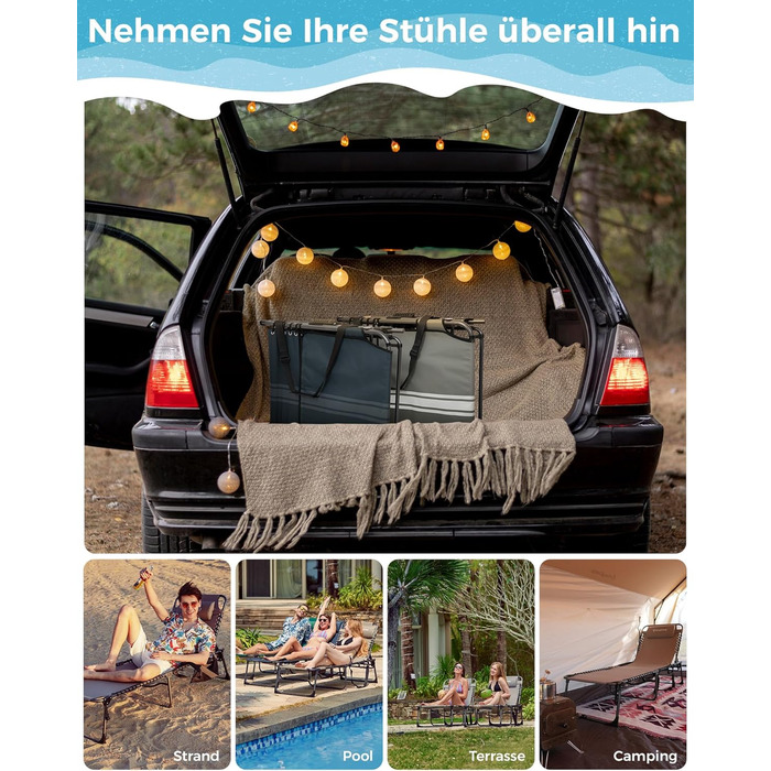 Лежак для відпочинку KingCamp великого розміру, складаний, 5 положень, для саду, кемпінгу, пляжу, 200 x 68 см, сірий, з подушкою та кишенею, до 200 кг