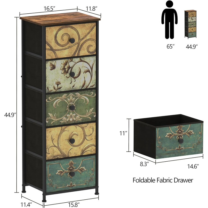 Комод з 5 тканинними ящиками, в стилі бохо, для спальні/вітальні, 30x42x115.5 см