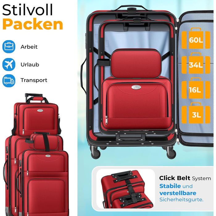 Набір валіз KESSER® 4 шт. | Тріумф валіз з тканини з кодовим замком TSA, 360° колесами та телескопічною ручкою | Косметичка, ручна поклажа, великі валізи для подорожей та бізнесу (Червоний)