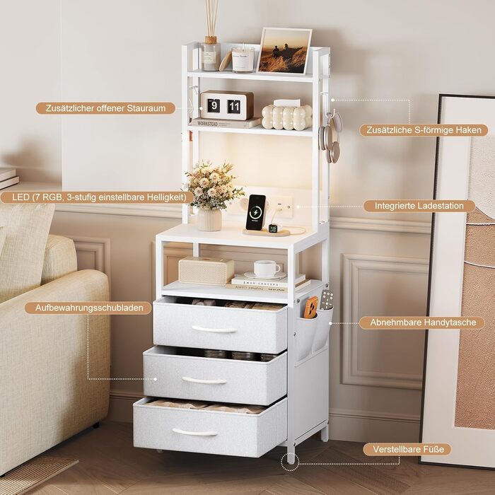 Нічний столик з підзарядкою та LED, бічний столик з 3 висувними ящиками з тканини, тумбочка з полицею для книг, відкрите відділення, 2 розетки AC, USB та Type C порти, для спальні, вітальні, офісу (40x30x60 см, Білий, 1)