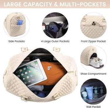 Спортивна сумка OVEVOOK для подорожей, жіноча, Weekender, для вихідних, дорожня сумка, сумка для дитини з косметичкою, відділення для взуття та мокрого одягу, водонепроникна, ручна поклажа для авіаперельотів, чорна (L, Beige 3er Set)