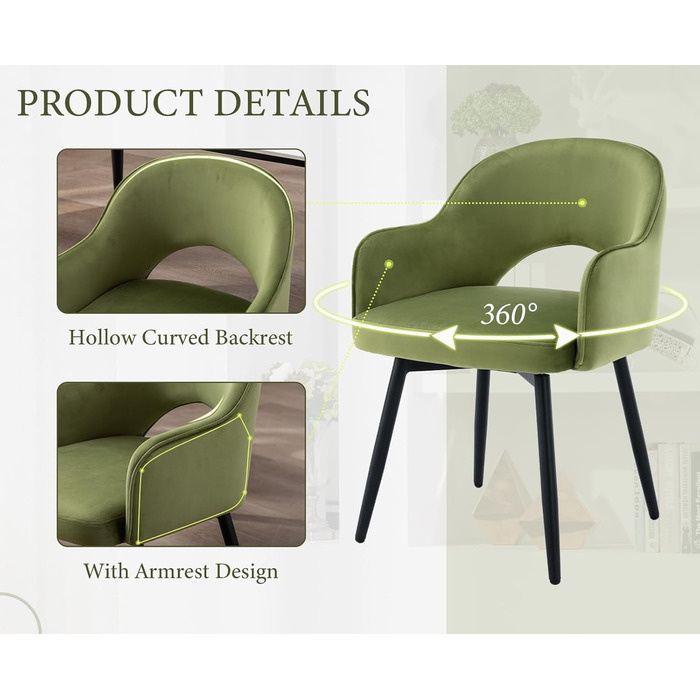 4 крісла з оксамиту для їдальні, обертаються на 360°, кухонні крісла з підлокітниками, м'які бокові крісла для дому, офісу, вітальні (53*58*78 см, зелені)