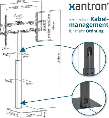 Підставка під телевізор Xantron регулюється по висоті для телевізорів до 75 дюймів, з полицею, не перекочується