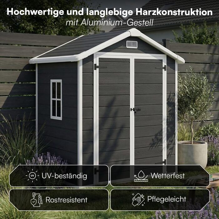 Сарай садовий STEELSØN Novara 192x92x151 см - пластиковий, з вікном, під дерево, темно-сірий, дах двосхилий