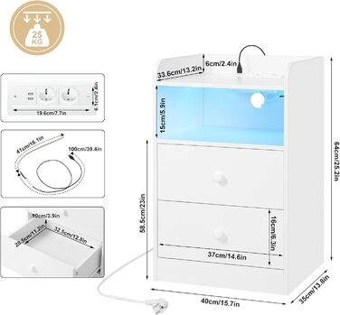 Набір приліжкових тумбочок WOLTU з функцією зарядки, світлодіодне підсвічування, розетки, USB, висувні ящики, відкрите відділення, білий